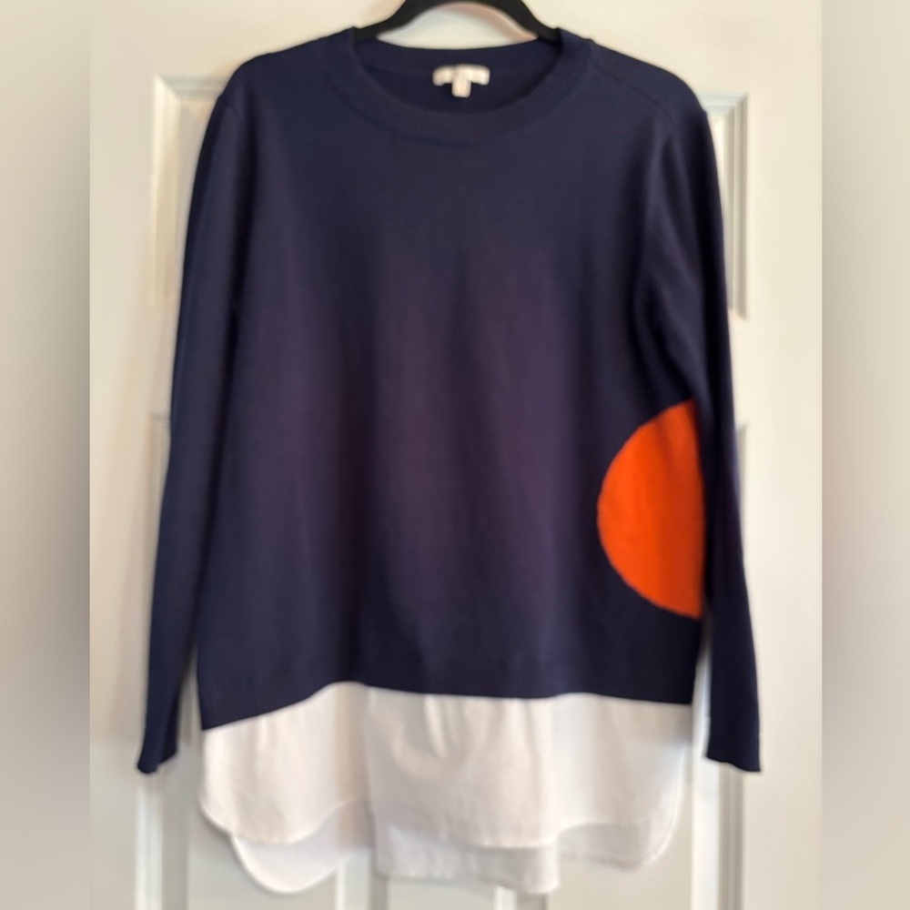 Lisa Todd Womens Navy Sweater with White Shirt Hem, size Medium